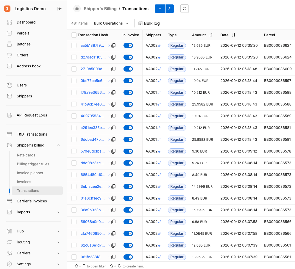 The V-TER Ship Billing transaction ledger: each charge with its amount, parcel and the rate card version it was calculated from.